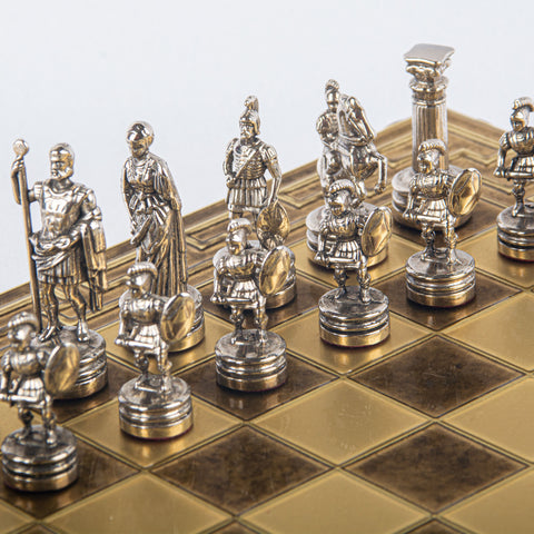 GREEK ROMAN PERIOD CHESS SET with gold/silver chessmen and meander bronze chessboard 28 x 28cm (Small)