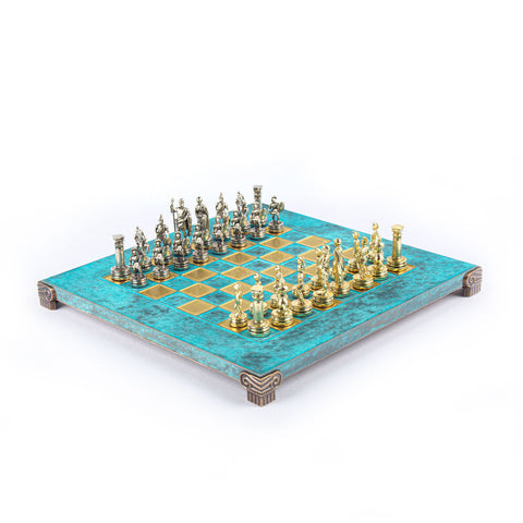 GREEK ROMAN PERIOD CHESS SET with gold/silver chessmen and bronze chessboard 28 x 28cm (Small)