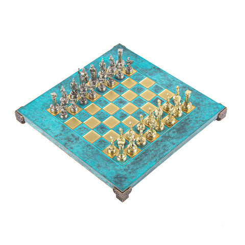 GREEK ROMAN PERIOD CHESS SET with gold/silver chessmen and bronze chessboard 28 x 28cm (Small)