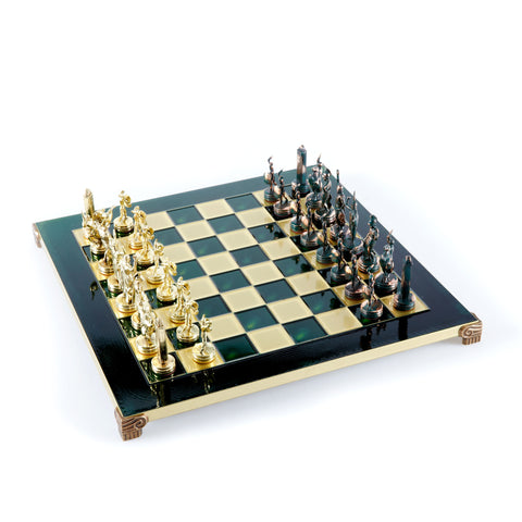 GREEK MYTHOLOGY CHESS SET with green/gold chessmen and bronze chessboard 36 x 36cm (Medium)