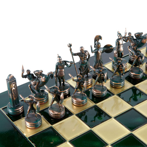 GREEK MYTHOLOGY CHESS SET with green/gold chessmen and bronze chessboard 36 x 36cm (Medium)