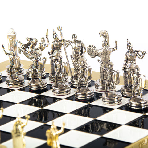 GREEK MYTHOLOGY CHESS SET with gold/silver chessmen and bronze chessboard 36 x 36cm (Medium)
