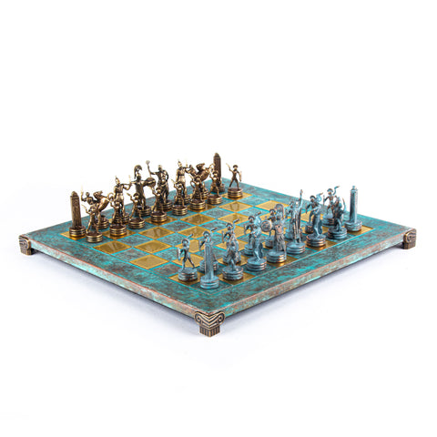 GREEK MYTHOLOGY CHESS SET with blue/brown chessmen and bronze chessboard 36 x 36cm (Medium)