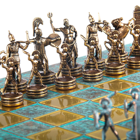 GREEK MYTHOLOGY CHESS SET with blue/brown chessmen and bronze chessboard 36 x 36cm (Medium)