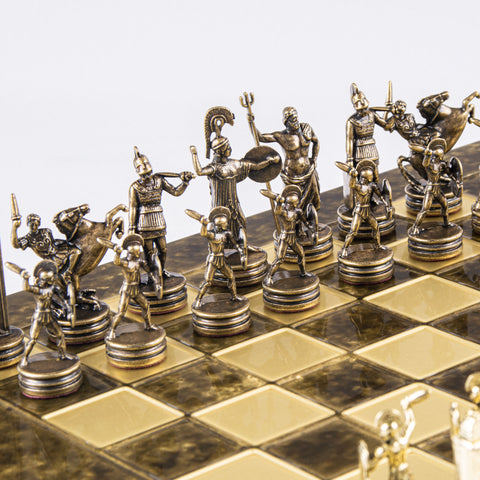 GREEK MYTHOLOGY CHESS SET with gold/brown chessmen and bronze chessboard 36 x 36cm (Medium)