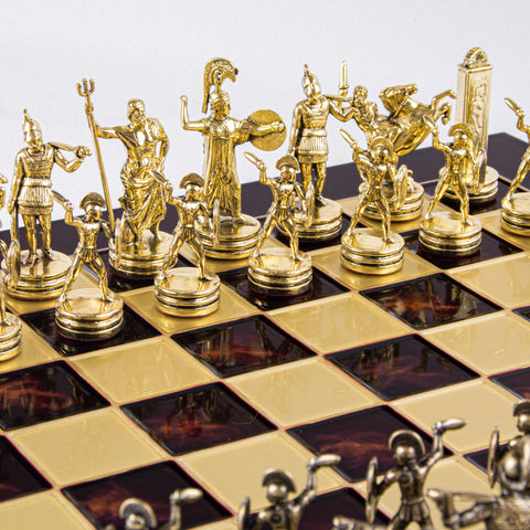 GREEK MYTHOLOGY CHESS SET with gold/brown chessmen and bronze chessboard 36 x 36cm (Medium)