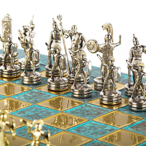 GREEK MYTHOLOGY CHESS SET with gold/silver chessmen and bronze chessboard 36 x 36cm (Medium)