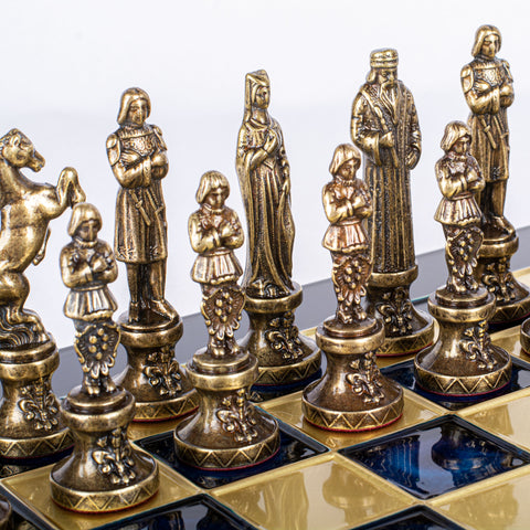 RENAISSANCE CHESS SET with blue/brown chessmen and bronze chessboard 36 x 36cm (Medium)