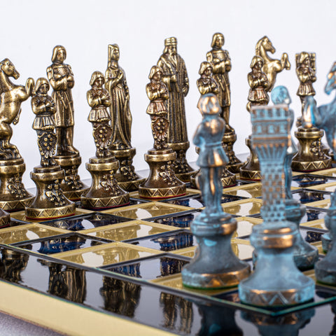 RENAISSANCE CHESS SET with blue/brown chessmen and bronze chessboard 36 x 36cm (Medium)