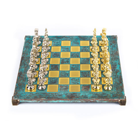 RENAISSANCE CHESS SET with gold/silver chessmen and bronze chessboard 36 x 36cm (Medium)
