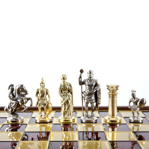 GREEK ROMAN PERIOD CHESS SET in wooden box with gold/silver chessmen and bronze chessboard 41 x 41cm (Large)