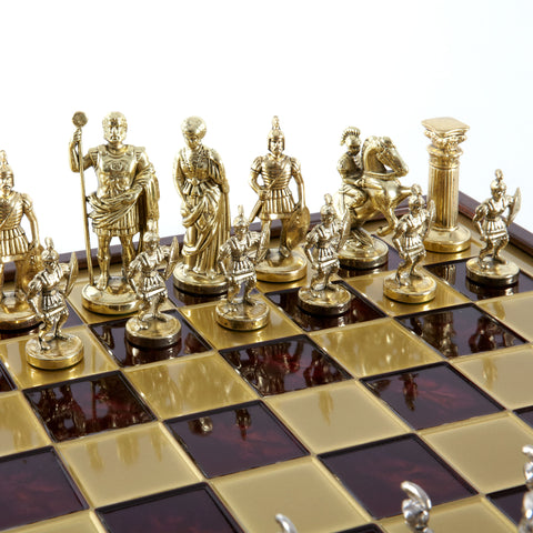 GREEK ROMAN PERIOD CHESS SET in wooden box with gold/silver chessmen and bronze chessboard 41 x 41cm (Large)