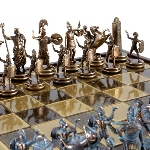 GREEK MYTHOLOGY CHESS SET in wooden box with blue/brown chessmen and bronze chessboard 48 x 48cm (Extra Large)