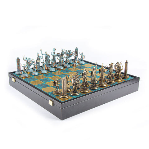 GREEK MYTHOLOGY CHESS SET in wooden box with blue/brown chessmen and bronze chessboard 48 x 48cm (Extra Large)