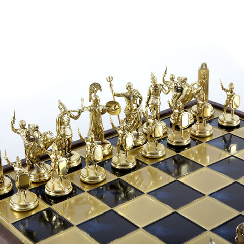 GREEK MYTHOLOGY CHESS SET in wooden box with gold/silver chessmen and bronze chessboard 48 x 48cm (Extra Large)