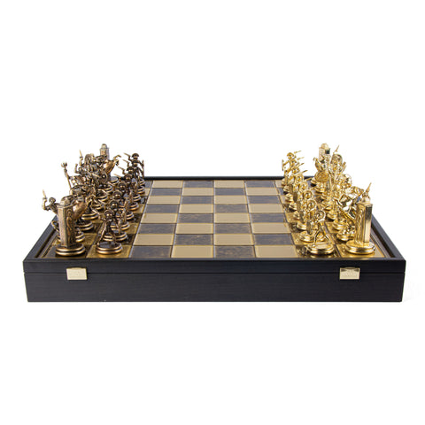 GREEK MYTHOLOGY CHESS SET in wooden box with gold/brown chessmen and bronze chessboard 48 x 48cm (Extra Large)