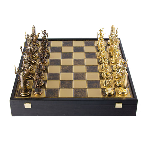GREEK MYTHOLOGY CHESS SET in wooden box with gold/brown chessmen and bronze chessboard 48 x 48cm (Extra Large)