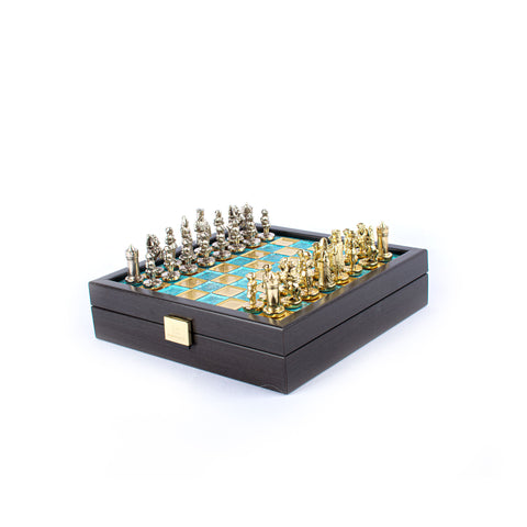 BYZANTINE EMPIRE CHESS SET In Wooden Box With Storage with gold/silver chessmen and bronze chessboard 20 x 20cm (Extra Small)