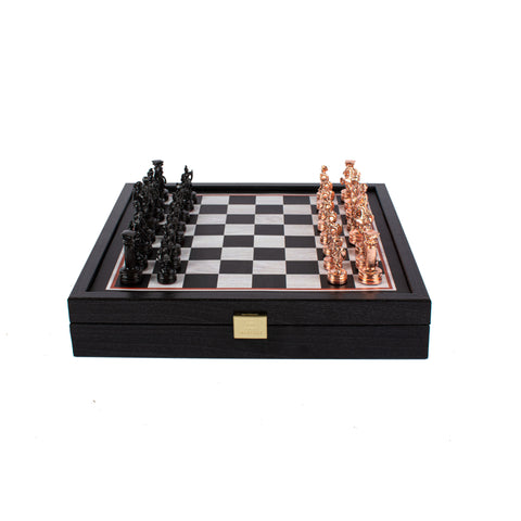 GREEK ROMAN PERIOD CHESS SET with black/copper chessmen and printed chessboard 27 x 27cm (Small)