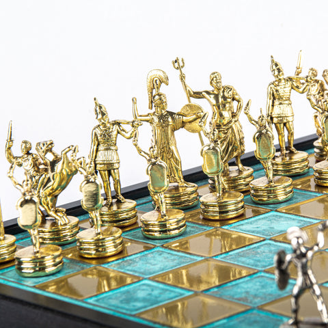 GREEK MYTHOLOGY CHESS SET in wooden box with gold/silver chessmen and bronze chessboard 34 x 34cm (Medium)