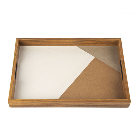 WOODEN TRAY with inlaid Leatherette in natural colours