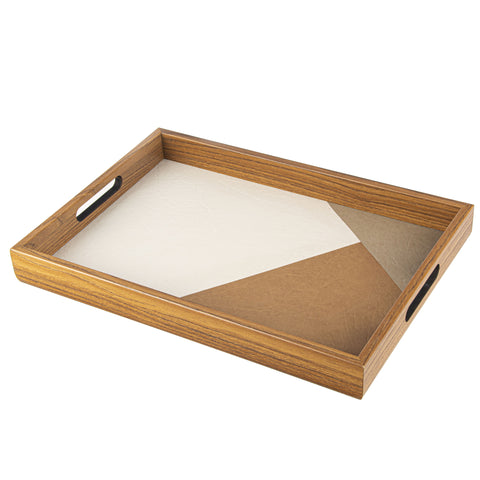 WOODEN TRAY with inlaid Leatherette in natural colours