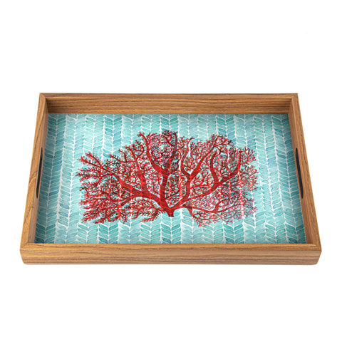 WOODEN TRAY with printed design - CORAL