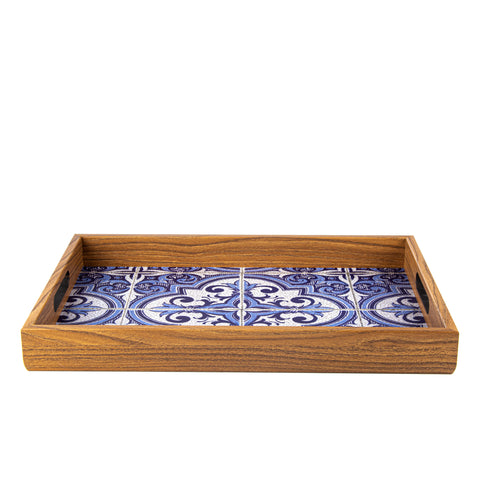 WOODEN TRAY with printed design - BLUE MOSAIC