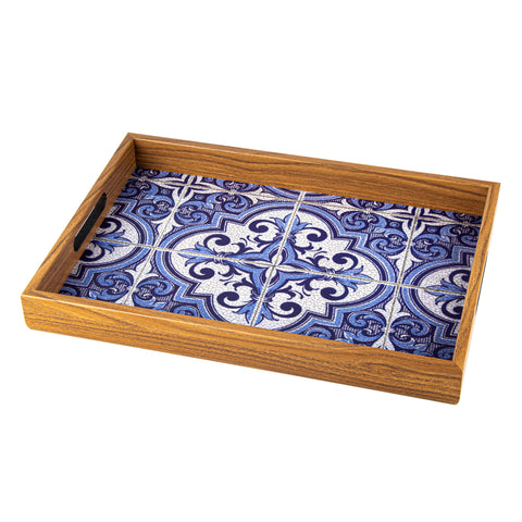 WOODEN TRAY with printed design - BLUE MOSAIC