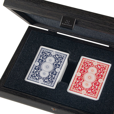PLASTIC COATED PLAYING CARDS in Dark Grey colour Leatherette wooden case