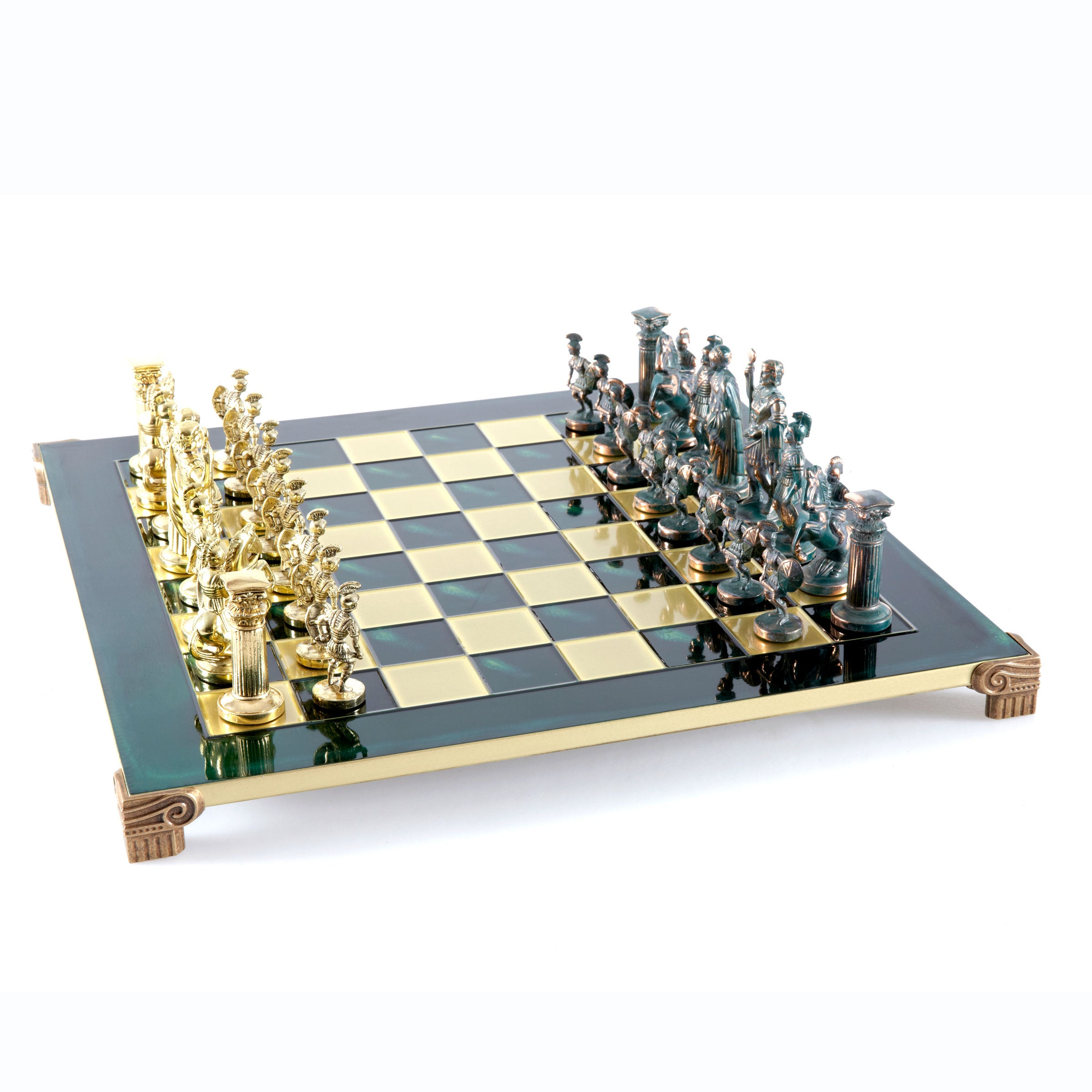 Handcrafted Greek Roman Chess Set - Large Gold & Green Chessmen
