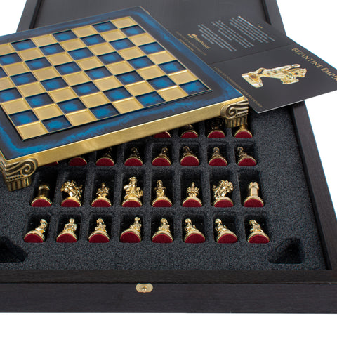 BYZANTINE EMPIRE CHESS  SET with gold/brown chessmen and bronze chessboard 20 x 20cm (Extra Small)