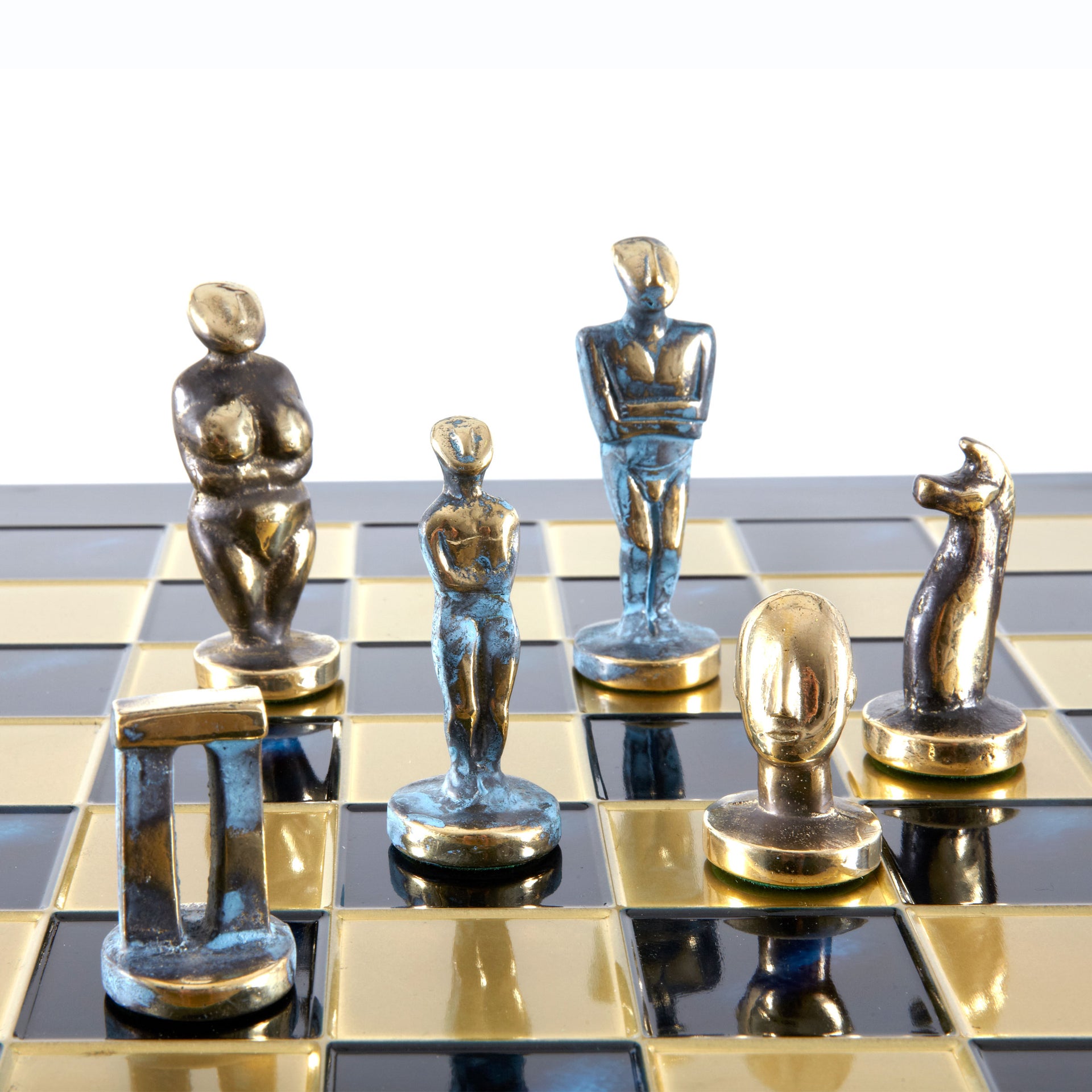 CYCLADIC ART SOLID BRASS CHESS SET with blue/brown chessmen and bronze ...