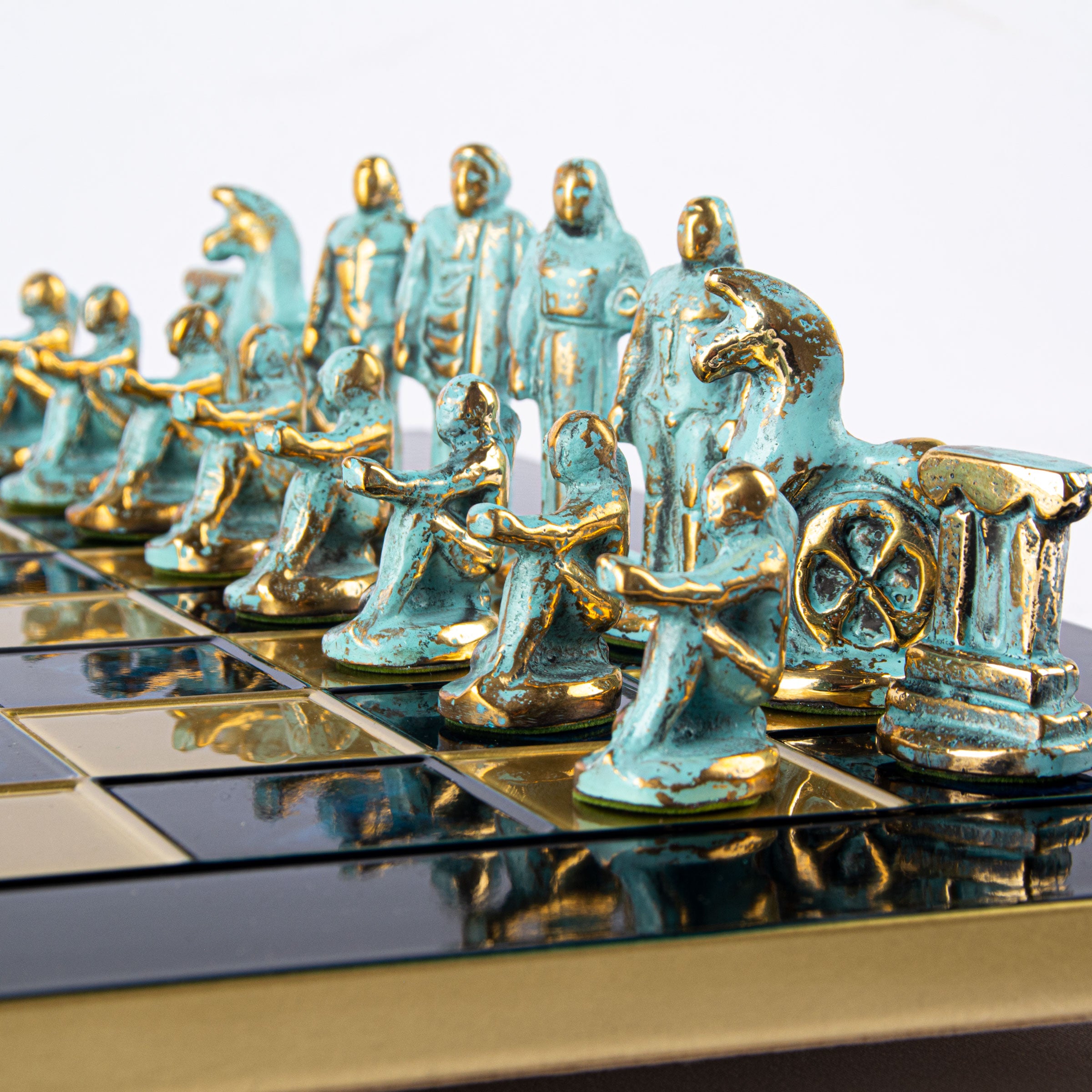 Archaic Chess Set - Blue/Brown Pieces & Bronze Board – MANOPOULOS