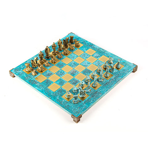 ARCHAIC PERIOD CHESS SET - Solid Brass with blue/brown chessmen and bronze chessboard 44 x 44cm (Large)