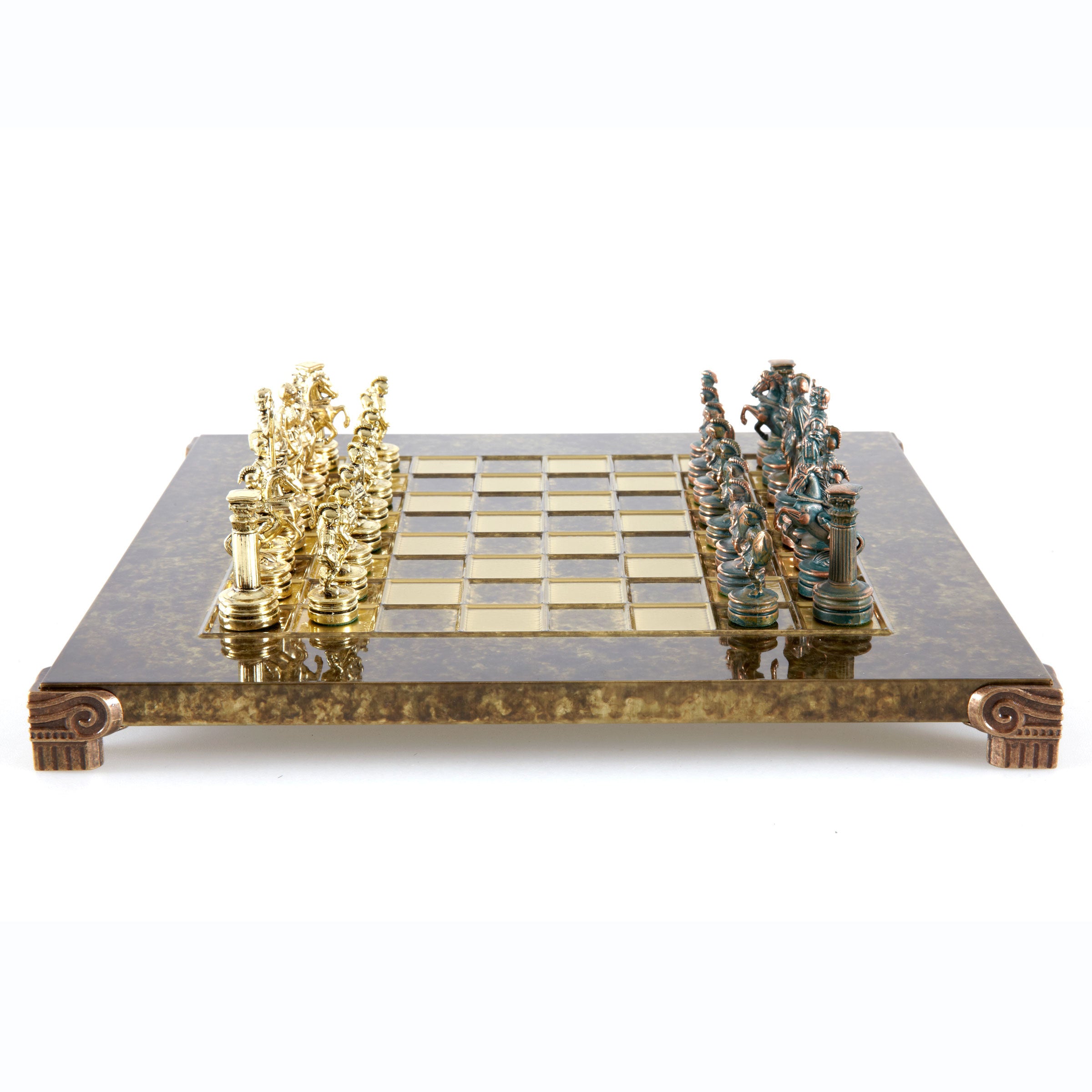 Handcrafted Greek Roman Chess Set – Gold & Green, Bronze Board