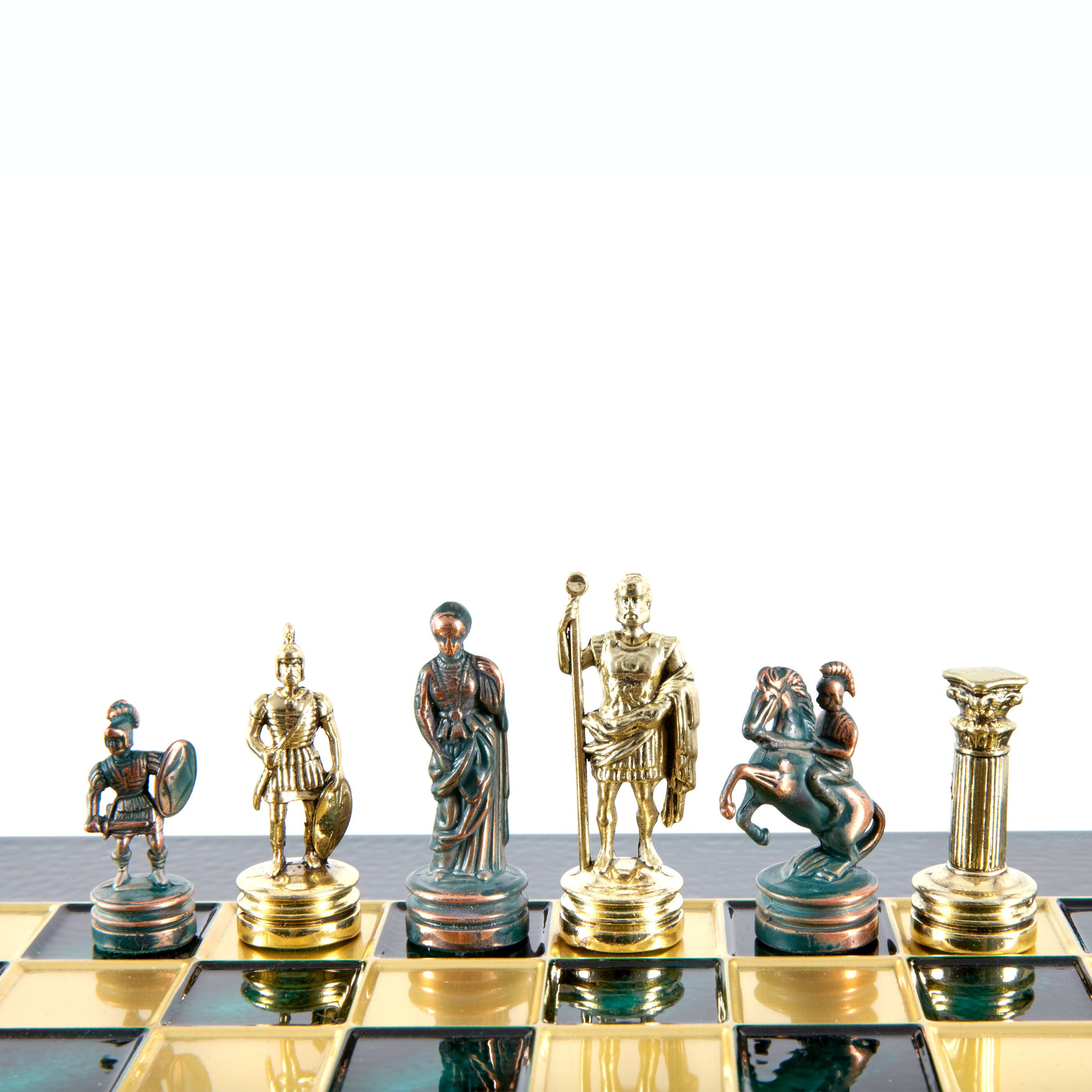 Handcrafted Greek Roman Chess Set – Gold & Green, Bronze Board