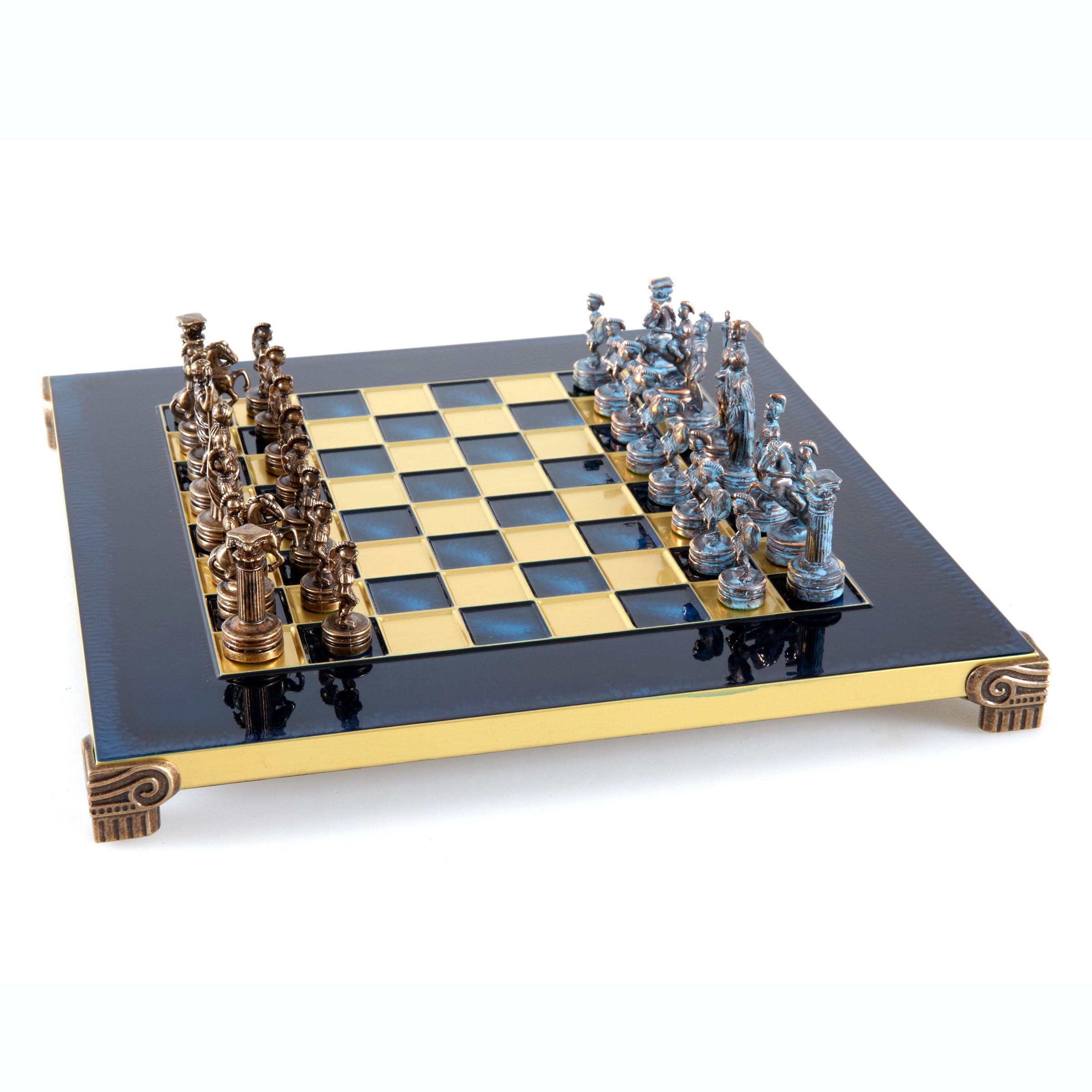 Handcrafted Greek Roman Chess Set | Blue & Brown, Bronze Board